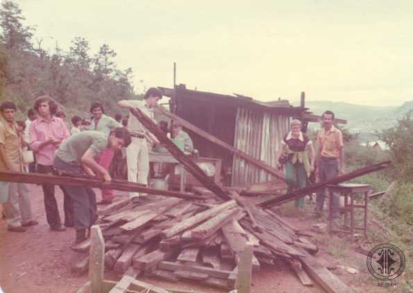 Huracán Fifi, hombres recogiendo madera. 